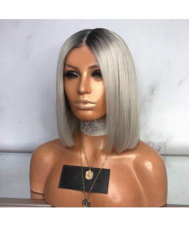 Short Lace Front Dark Grey Bob Wig - Human Hair Straight Bob Medium Cap Bleached - Buy Online on GoSupps.com