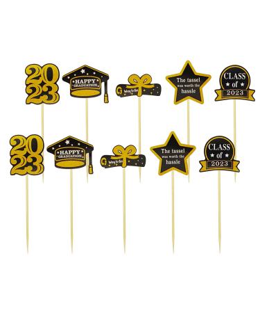 2023 Graduation Cake Toppers 10Pcs Black Gold Glitter Happy Graduation Grad Cap Cupcake Toppers 2023 Graduation Cake Picks for Graduation Theme Party Cake Decorations Supplies Y7HJBYCP