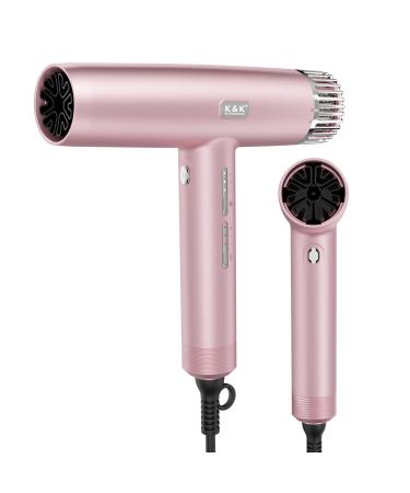 K&K Professional Hair Dryer 110000 RPM/m Brushless Motor Ionic 1800W Blow Dryer Low Noise Fast Drying 340g Lightweight Dryer with 3 Speeds 3 Heating for Home Salon and Travel Pink