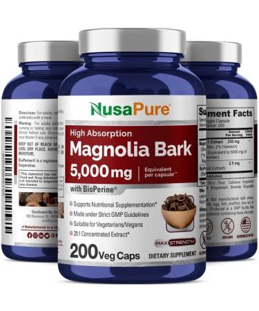 NusaPure Magnolia Bark Extract 5000mg - 200 Vegetarian Capsules (Non-GMO) | Gluten-Free | High Strength 20:1 Extract - Buy Online on GoSupps.com