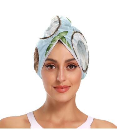Watercolor Coconuts and Green Leaves on Blue Hair Towel 2 Pack Super Absorbent Hair Drying Towel Quick Dry Hair Turbans Head Towel with Button Twisty Wrap for Women Girls