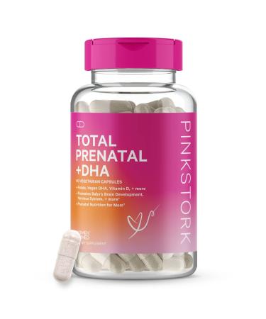 Pink Stork Total Prenatal Vitamin with DHA and Folic Acid: Doctor Formulated, Folate, Iron, Biotin, Vitamin D, Vitamin C + Zinc, Women-Owned, 60 Vegetarian Capsules 60 Count (Pack of 1)