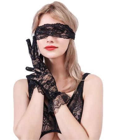 ZHER-LU Women Lace Gloves Blindfold Set 3pcs Translucent Sexy Lingerie Accessories Cosplay Party Floral Lace Gloves Blindfold Vintage Opera Gloves for Women Classic Wedding Gloves Stretchy Gloves