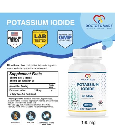 Doctor's Made Potassium Iodide 130 mg - Thyroid Supplements (2 Pack, 120 Tablets) - Kosher - Exp Date 04/2025 - Buy Online on GoSupps.com