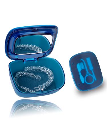 Dentures Case Retainer Case with Vent Holes and Mirror Double Layer Invisible Denture Box Portable Orthodontic Appliance for Travel Storage Aligner Case (Blue)