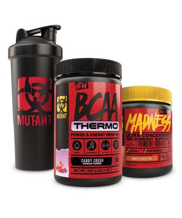Mutant BCAA Thermo + Madness + Shaker Cup Bundle - Keto Friendly, Vegan, Pre-Workout Energy Support with 1L Shaker Cup – 285 g and 225 g – Candy Crush and Sweet Iced Tea