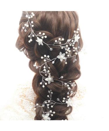 Teyglen Bride Wedding Flower Pearls Long Hair Vine - Handmade Bridal Headpiece with Silver Rhinestone Crystal Beads - Wedding Hair Accessories for Women - Buy Online on GoSupps.com
