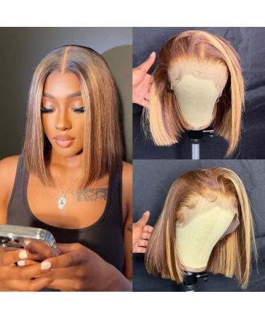 Blonde Highlight Bob Wigs Lace Front Wigs Human Hair Ombre Brown Honey Blonde Straight Hair 150% Density Highlighted Bob Wig 13x4x1 T Part Pre Plucked 12 Inch Short Colored Human Hair Wigs For Black Women With Baby Hair ...