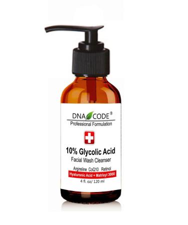 DNA Code -10% Glycolic Acid Facial Wash Cleanser W/Hyaluronic Acid Argireline Matrixyl 3000 CoQ10 Green Tea 4 Count (Pack of 1)