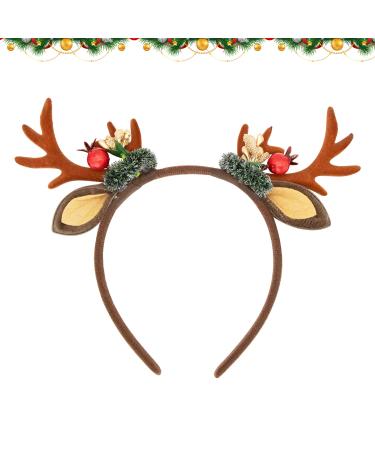 CHEERYMAGIC Christmas Headband Christmas Reindeer Antlers Headband Floral Wreath Headdresses Hair Hoop with Ears Christmas Hair Accessories for Adults Kids Photos Booth A6-SDLFG Brown-1