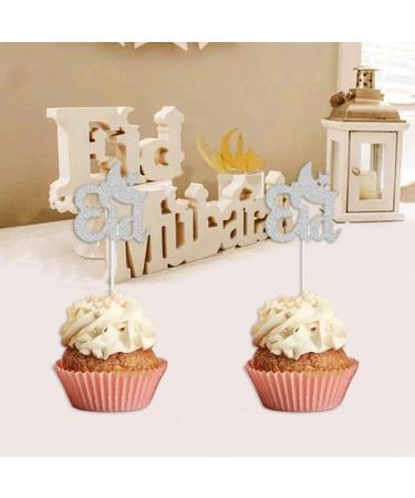 Eid Mubarak Cupcake Toppers 20pcs Glitter Star Moon Ramadan Kareem Cupcake Toppers Cake Topper for Eid Party Muffin Cake Decor Silver - Buy Online on GoSupps.com