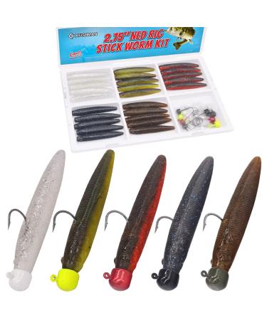 Ned-Rig-Kit-Finesse-Baits-Soft-Plastic-Worms-Fising-Lure for Bass Stick Swimbait Minnow Crawfish Lures Shroom Ned Jig Head Kit 35-Piece 2.75'' #01 Stick Worms Ned Rig Kit