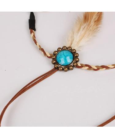 Qisogy Boho Feather Headdress | Beaded Tassel Headband | Turquoise Princess Head Chain | Brown | 48CM - Buy Online on GoSupps.com