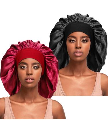 2 Pcs Extra Large Silky Sleep Bonnet for Curly Hair Big Hair Braids Bonnets Satin Sleeping Cap Night Caps for Women Hair Care Extra large Black+Wine Red