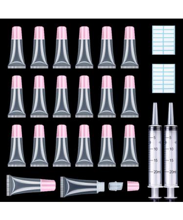 50PCS Lip Gloss Tubes 5ml Pink Cap Containers Empty Lip Balm Tubes Refillable Cosmetic Squeeze Lipgloss Tubes + 2 x 20ml Syringes Tag Labels Stickers for DIY Base Glitter 5ml-50PCS Pink