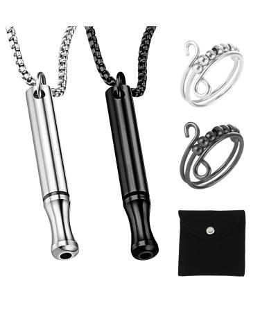 Omlalayi 5-part set of stress relief breathing necklace breathing necklace2 pieces of breathing chain and 2 pieces anxiety ring stress relief comes with a bag stainless steel mindful stress relief necklace