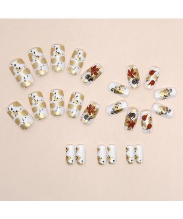 24Pcs Fall Press on Nails - Short Maple Leaf & Letter Designs | Glossy Medium Square Fake Nails for Women & Girls | Perfect for Thanksgiving Decorations - Buy Online on GoSupps.com