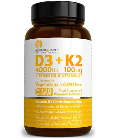 HOWARD & JAMES Vitamin D3 4000iu Plus Vitamin K2 100ug 120 High Strength Vegetarian Tablets