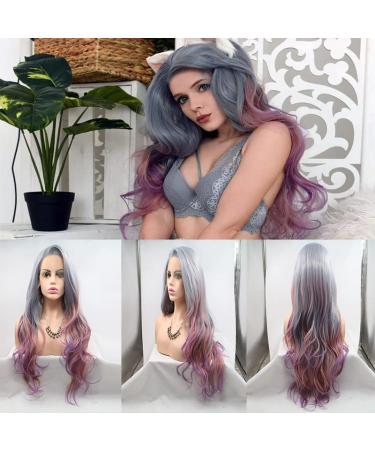 Xiweiya 24" Multi-Color Lace Front Wig - Ombre Grey to Purple Rainbow Heat Resistant Perfect for Parties & Drag Queens - Buy Online on GoSupps.com