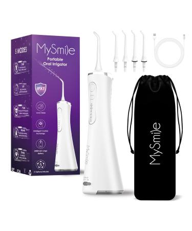MySmile Water Dental Flosser for Teeth Cordless Oral Irrigator 5 Cleaning Modes 4 Replaceable Jet Tips IPX 7 Waterproof USB Rechargeable Water Dental Picks for Teeth Cleaning with PU Bag for Travel White