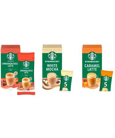 Starbucks Premium Instand Coffee Bundle - White Chocolate Mocha Caramel Latte and Cinnamon Dolce Latte (1 Box of Each Flavour 15 Sachets Total)