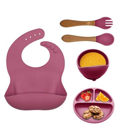 Baby Weaning Set 5pcs Toddler Feeding Set Adjustable Bib with Large Crumb Pouch Suction Bowl Spoon and Fork Baby Feeding Sets Easy Wipe Clean Cutlery Set BPA Free for Babies and Toddler Pink