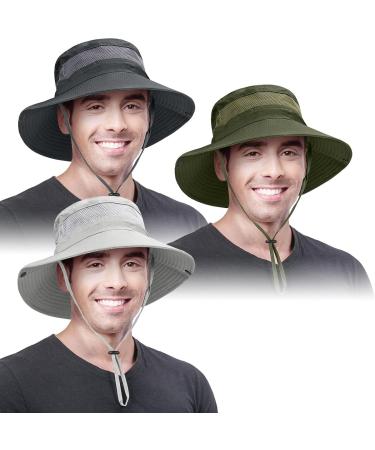 3 Pack Mens Boonie Sun Hat UV Protection for Fishing, Hiking, and Gardening - Dark Grey, Light Grey, Army Green - Buy Online on GoSupps.com