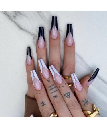 24 pieces ballerina press on the nails glossy black white wrong nails full cover nail tips for women and girls nail art decoration