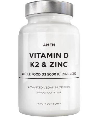 Amen Vitamin D K2 & Zinc Cholecalciferol D3 5000 IU Organic Whole Food Blend with Apple Blueberry Cranberry Elderberry Powder Fruits Vegan Supplement D3 K2 Vitamins Non-GMO - 60 Capsules