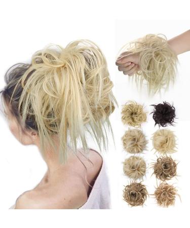 MSCHARM Tousled Updo Messy Bun Hair Piece Extensions With Elastic Rubber Band Ponytail Hairpiece Scrunchies for Women (Golden Blonde Mix Bleach Blonde)