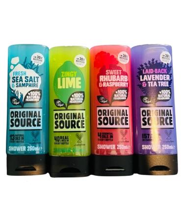 ORIGINAL SOURCE Original Source 4-pack of shower gels in fresh sea salt and sample scents: lime rhubarb and raspberry lavender and tea tree 250 ml