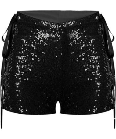 Duohropke Women's Metallic Hot Pants | Glitter High Waist Shorts for Dance Disco & Carnival - M 02 Black - Buy Online on GoSupps.com