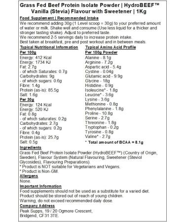 Grass Fed Beef Protein Isolate 95% - HydroBEEF | Rich in Type I II III Collagen (Vanilla (Stevia) 1kg) Vanilla (Stevia) 1kg - Buy Online on GoSupps.com