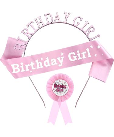 Princess Birthday Girl Decorations Set - Crown, Sash, Badge, Headband & Ribbon in Pink - Buy Online on GoSupps.com