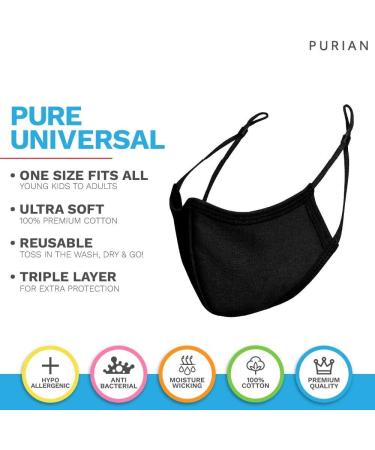 PURIAN Kids Black Face Mask - Reusable Adjustable Ear Straps Premium Multilayer Cotton Perfect Fit for Kids & Teens - Buy Online on GoSupps.com