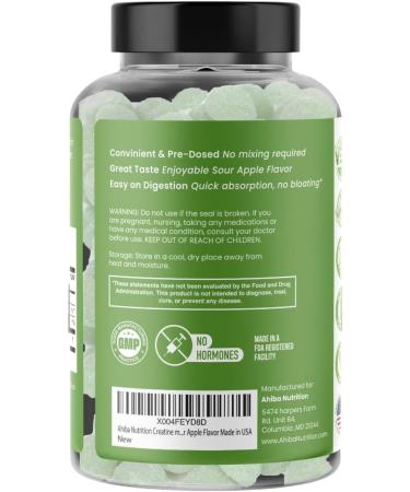 Ahiba Nutrition Creatine Monohydrate Gummies 5g per Serving, chewable, Vegan, Non-GMO, Sugar-Free, Soy-Free, Gluten-Free, Men & Women,More Strength & Recovery- Sour Apple Flavor, Made in USA - Buy Online on GoSupps.com