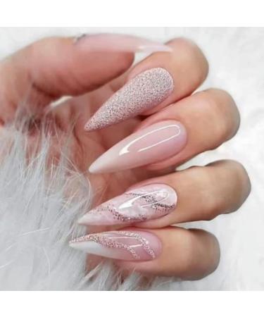 Runrayay Marble Nude Long Fake Nails Tips Beautiful Coffin Press on Nails Pink Ballerina False Nails for Women and Girls 24 pieces