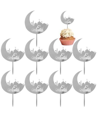 Eid Mubarak Cupcake Toppers 10pcs Eid Acrylic Cupcake Topper Ramadan Cake Decorations Kareem Party Supplies for Muffin Cake Silver