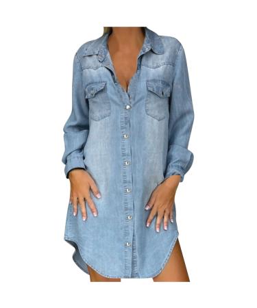 Womens Denim Shirt Dresses Summer Trendy Short Sleeve Jean Dress Button Down Casual Short Tunic Dress with Pockets Small 03*blue