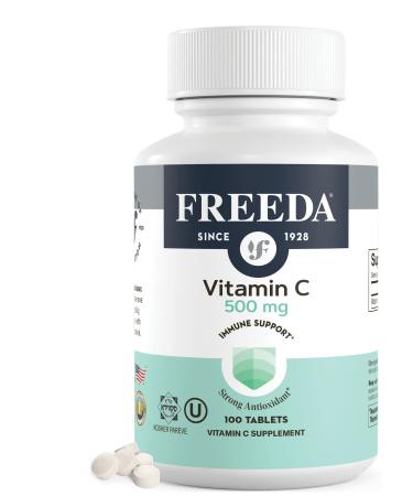 FREEDA Vitamin C - Vegan Vitamin C 500mg - Kosher - Powerful Antioxidant Immune Support - Easy to Swallow Vitamins C Tablets as Ascorbic Acid - Pure Vitamin C 500 mg - VIT C Supplement (100 Count) 100 Count (Pack of 1)