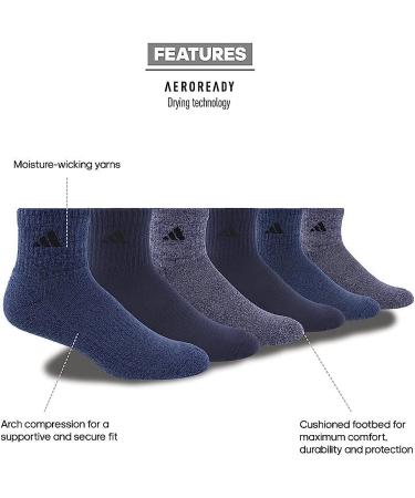 adidas Men's 6-Pack Athletic Cushioned Quarter Socks - Large, Legend Ink Blue/Tech Ink Blue/Light Onix Grey - Buy Online on GoSupps.com