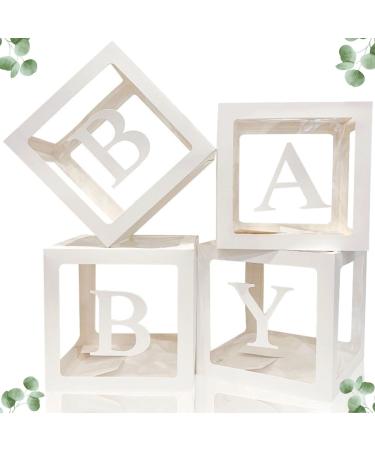 Premium Baby Shower Decorations For Boy or Girl Kit - Jumbo 4 pcs Transparent Balloon Boxes Decor with Letters, Balloon Blocks Includes BABY Letters, Gender Reveal Decor, 1st Birthday Party Backdrop White