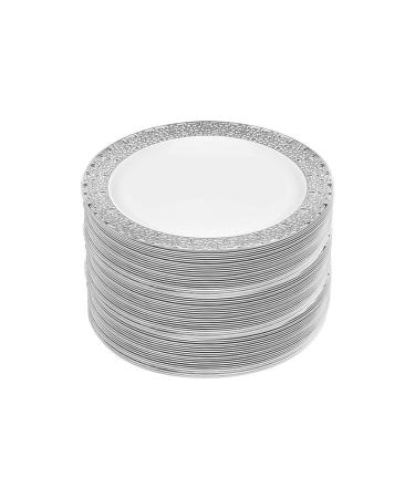 M Honor 60 Piece Silver Lace Rimmed Round Plastic Reusable Plates for Weddings Parties and Dinners | 7.5 Inch Diameter