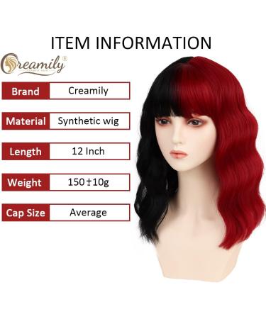Creamily 14 Inches Black Red Wig for Women Girls Short Curly Synthetic Wig with Bangs Lovely Black and Red Bob Wavy Wig Cosplay Party Halloween Wig for Women E-Black and Red - Buy Online on GoSupps.com