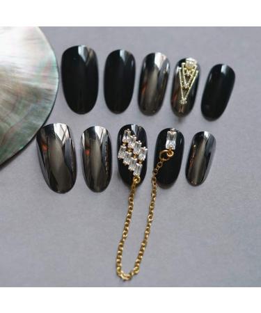 Sethexy Shiny Black Oval Fingernails with Rhinestone Gold Chain - 24 Piece Complete Acrylic Nail Set for Women & Girls | Magic Mirror Reflection Design - Buy Online on GoSupps.com
