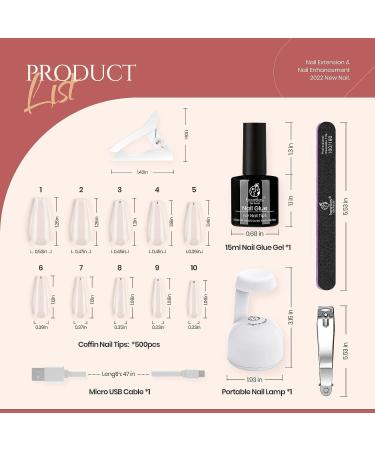 Beetles Acrylic Nail Tips Kit: 15ML Glue Gel, Long Coffin False Nails, UV LED Lamp DIY Nail Art Set - Buy Online on GoSupps.com