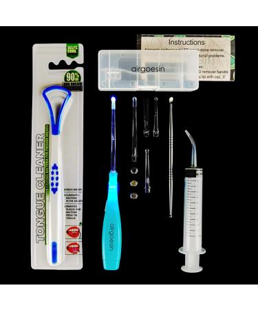Airgoesin Professional Tonsil Stone Remover Tool LED Light (Blue) | Stainless Steel Extract Throat Stones Oral Care | Irrigation Syringe | Tongue Cleaner Scraper A: Blue