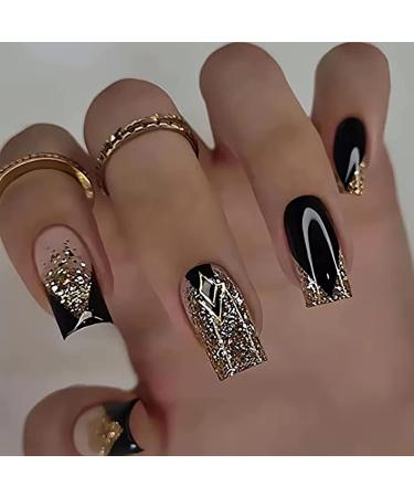 Medium Square Fake Nails French Press on Nails Glossy Glue on Nails Full Cover False Nails with Gradient Gold Glitter Design Black Gold Nail Tips Nude Artificial Fingernails Acrylic Nails for Women