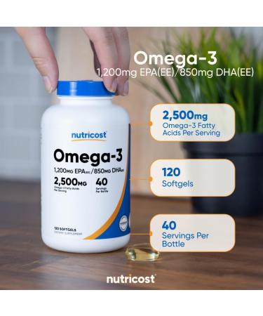 Nutricost Omega 3 Fish Oil - 2500MG 120 Softgels (40 Serv) - Fish Oil Wild Caught! 1200mg EPA 850mg DHA - Non-GMO Gluten Free 120 Count (Pack of 1) - Buy Online on GoSupps.com