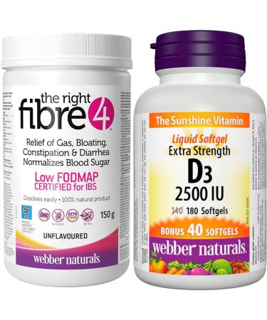Webber Naturals The Right Fibre4 IBS Intestinal Discomfort 150 g Unflavoured 30 Servings & Vitamin D3 2500 IU Extra Strength 180 Softgels For Healthy Bones Teeth